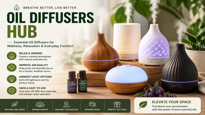 Oil Diffusers Hub featuring modern essential oil diffusers for aromatherapy, relaxation, and home fragrance