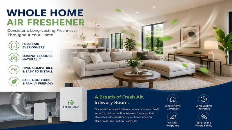 Whole home air freshener system providing consistent freshness and clean indoor air in a modern home