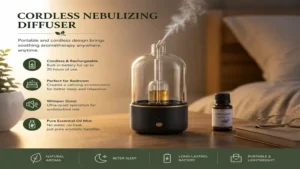 cordless nebulizing diffuser on a bedroom nightstand creating a calming atmosphere