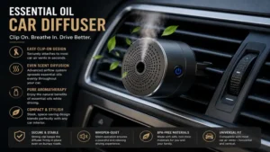 Essential oil car diffuser attached to a car air vent providing fresh aroma and clean air circulation