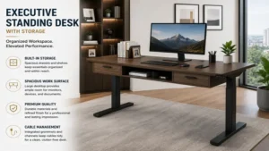executive standing desk with built-in storage and spacious desktop organization