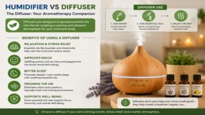 humidifier vs diffuser showing diffuser use for aromatherapy and relaxation benefits