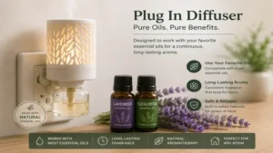 plug in diffuser with lavender and eucalyptus essential oils on display