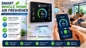 Smart whole home air freshener control panel with mobile app for customized scent and air quality settings