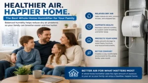 Family enjoying healthier indoor air with the best whole home humidifier during dry winter weather