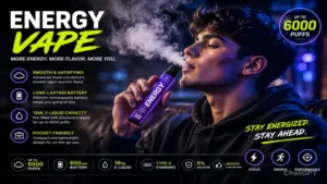 person using energy vape in a modern neon lifestyle scene with smooth vapor