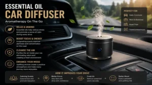 Aromatherapy essential oil car diffuser creating a calming and refreshing driving experience inside a modern vehicle