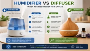 humidifier vs diffuser highlighting humidifier benefits for dry air and bedroom comfort