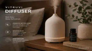 vitruvi diffuser placed in a cozy bedroom setup for calming nighttime aromatherapy