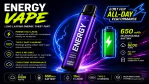 energy vape battery performance advertisement with fast charging and long-lasting power