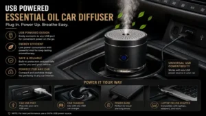 USB powered essential oil car diffuser connected inside a car interior with portable and energy-efficient design