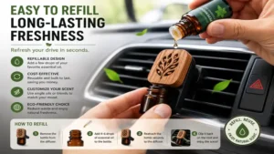 essential oil car freshener refill process showing reusable diffuser and oil drops