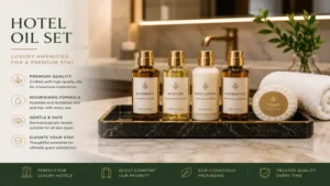 hotel oil set displayed with luxury amenities and premium guest bathroom essentials
