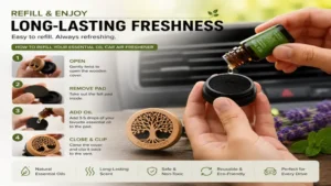 refilling an essential oil car air freshener with natural essential oils for long-lasting freshness and reusable performance