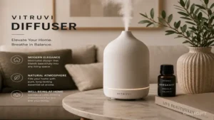 vitruvi diffuser complementing a minimalist living room with soft aromatic mist