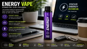energy vape portable workspace setup with laptop coffee and compact vape device
