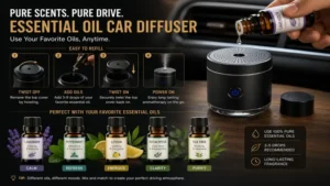 Essential oil refill bottle being used with an essential oil car diffuser for long-lasting fragrance and relaxation