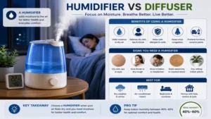 humidifier vs diffuser showing humidifier use in a bedroom for moisture and comfort