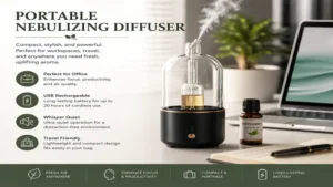 portable nebulizing diffuser improving focus and freshness in an office workspace