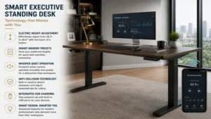 smart executive standing desk with electric height adjustment and modern office technology