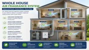 Whole house air fragrance system delivering balanced scent coverage across multiple rooms and living spaces