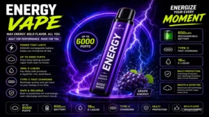 energy vape performance ad with purple vape device and electric neon background