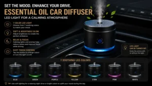 Essential oil car diffuser with soothing LED light creating a calming nighttime driving atmosphere