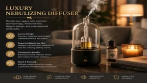 luxury nebulizing diffuser in a cozy living room with relaxing essential oil mist