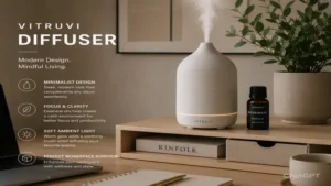 vitruvi diffuser blending seamlessly with modern decor in a clean and elegant workspace