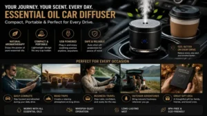 Portable essential oil car diffuser designed for commuting, road trips, and comfortable travel experiences