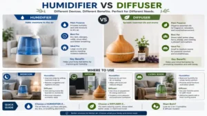 humidifier vs diffuser comparison for bedroom, office, and living room environments