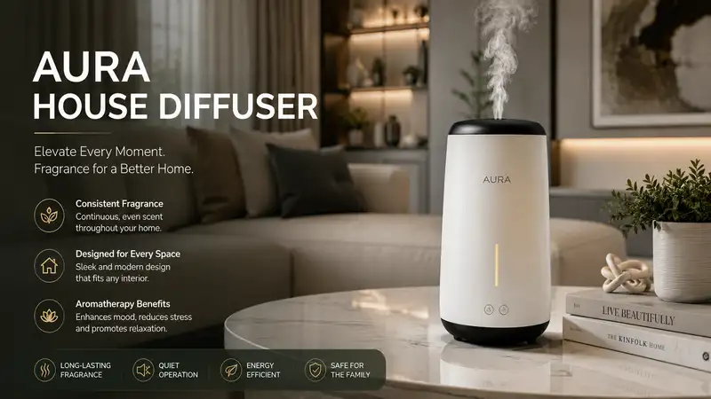 Aura house diffuser providing consistent fragrance coverage in a modern living room