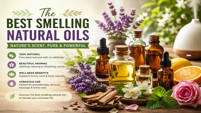 Collection of best smelling natural oils displayed in elegant glass bottles with flowers, herbs, and natural botanical ingredients