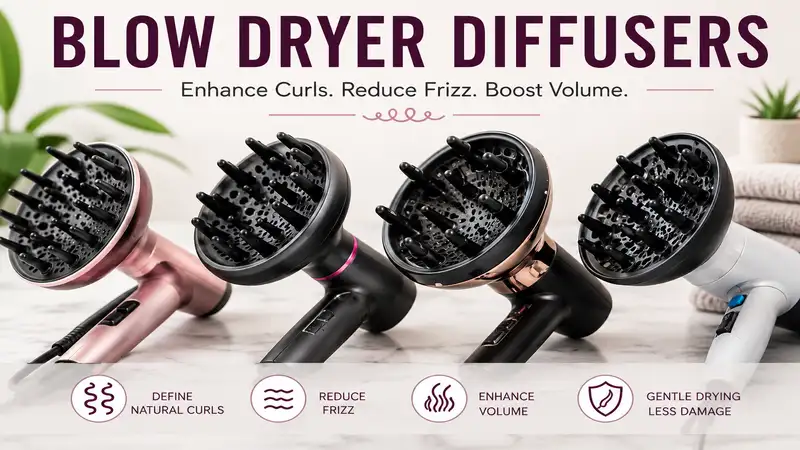Blow dryer diffusers displayed with different hair dryer models for curly and wavy hair styling