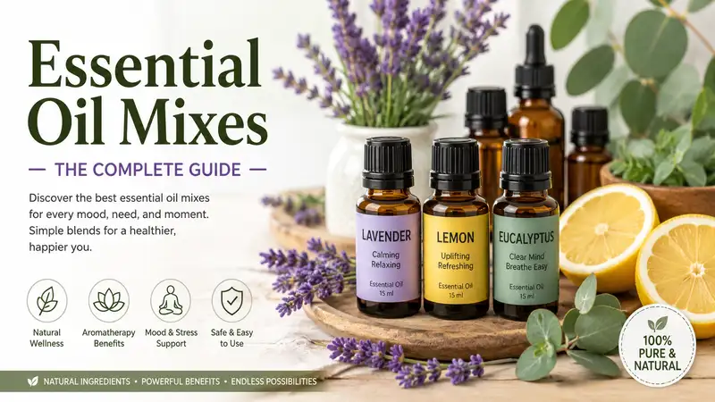 Essential oil mixes displayed with lavender, lemon, and eucalyptus oils for aromatherapy and natural wellness