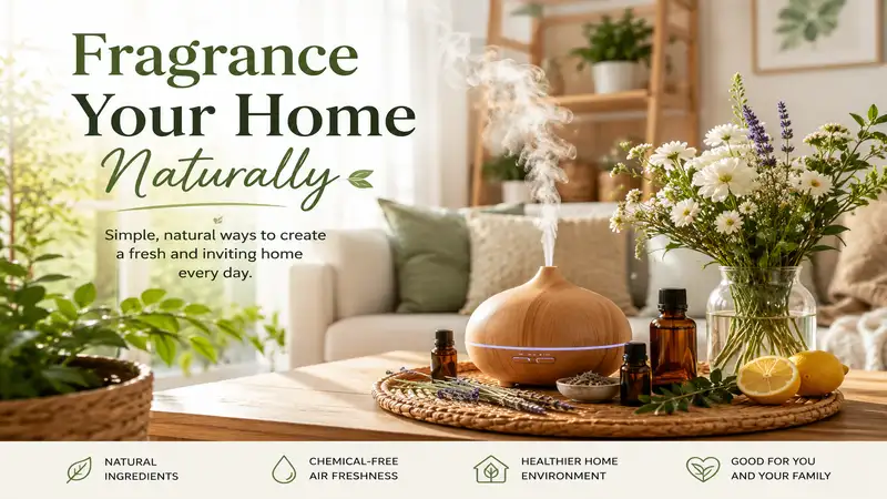 Bright living room with essential oil diffuser, fresh flowers, and plants to fragrance your home naturally