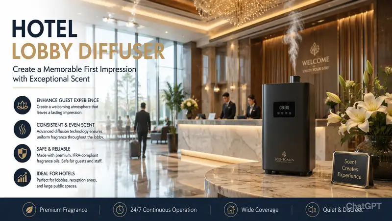Luxury hotel lobby diffuser creating a welcoming scent experience in a modern hotel entrance with elegant interior design