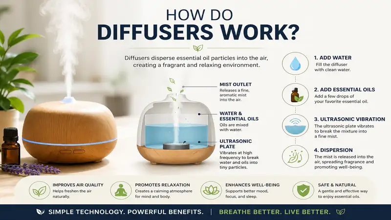 how do diffusers work by dispersing essential oil particles into the air