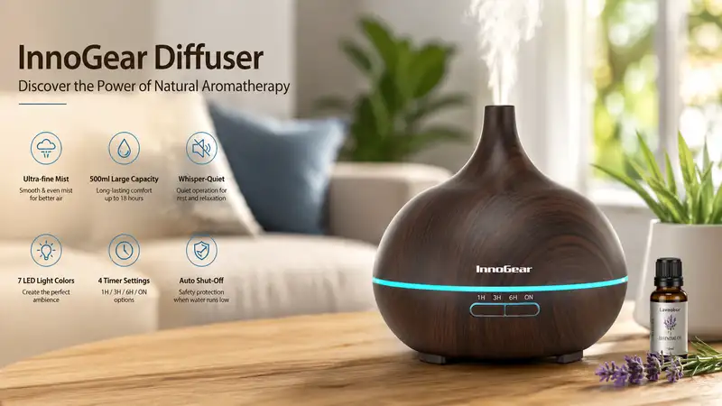 innogear diffuser releasing aromatic mist in a modern home environment