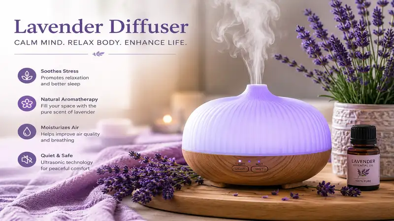 lavender diffuser on a modern wooden table with essential oil and fresh lavender in a cozy home setting
