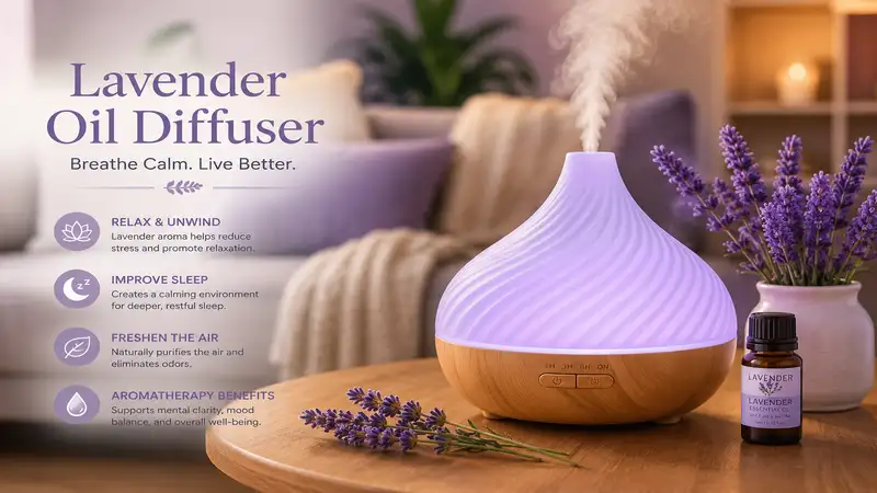 lavender oil diffuser releasing calming aromatic mist in a cozy modern living space