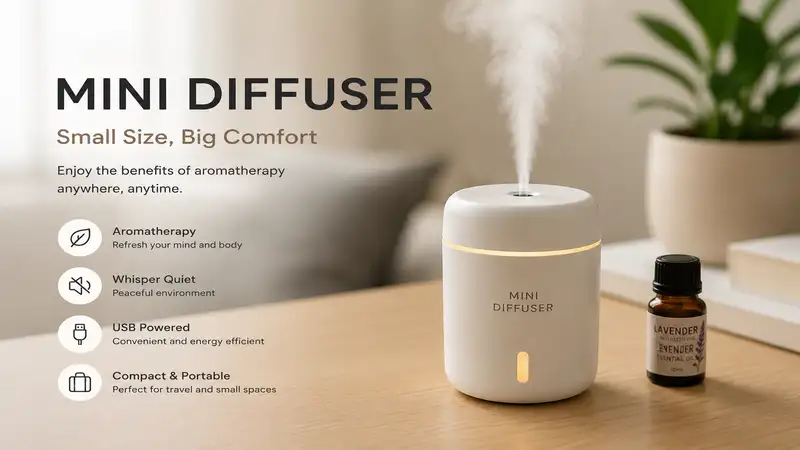 Mini diffuser releasing a gentle mist to freshen and scent a small space.