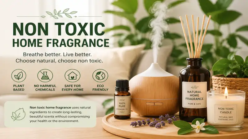 non toxic home fragrance products with diffuser, reed diffuser, and natural candle creating a healthy indoor environment