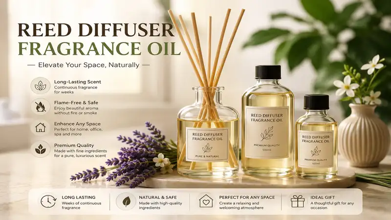 reed diffuser fragrance oil in elegant glass bottles with natural rattan reeds for home aromatherapy
