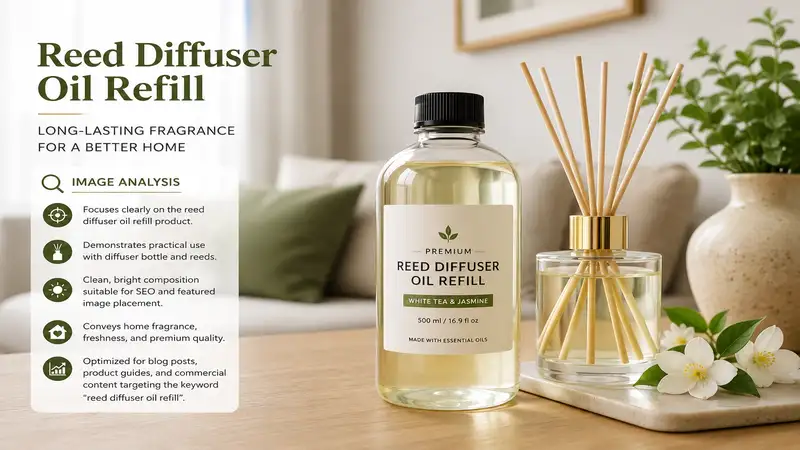 Premium reed diffuser oil refill bottle with diffuser reeds creating a long-lasting home fragrance in a modern living room
