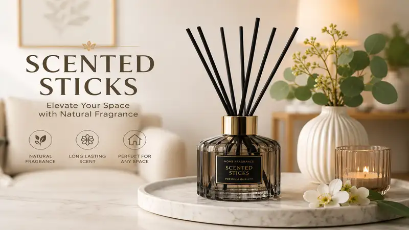 Premium scented sticks displayed in a modern home fragrance setup with elegant decor and natural lighting