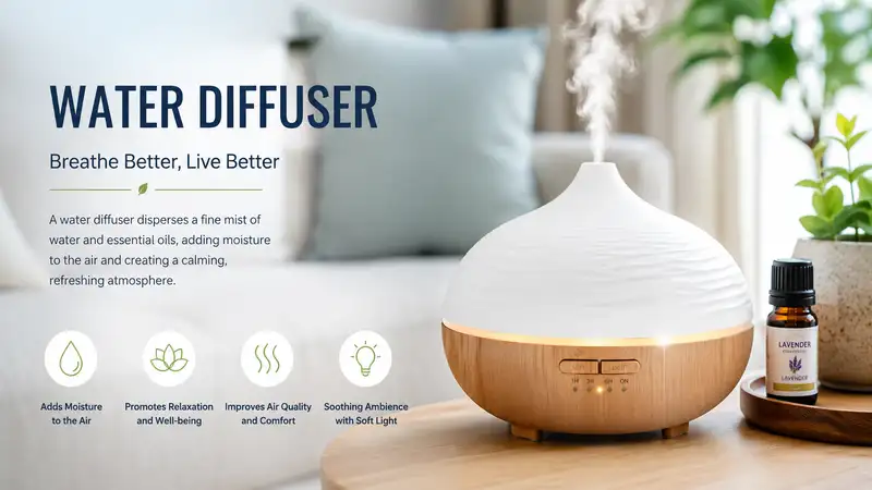 water diffuser releasing a fine mist with essential oils in a modern home aromatherapy setting