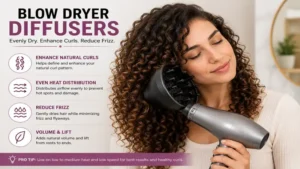 Blow dryer diffusers evenly drying curly hair while maintaining defined curls and reducing frizz