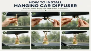 Step-by-step installation process of a hanging car diffuser attached to a car rearview mirror