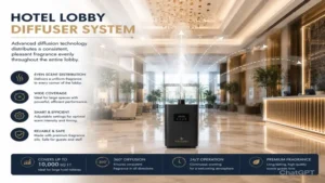 Advanced hotel lobby diffuser system distributing fragrance evenly throughout a spacious hotel environment